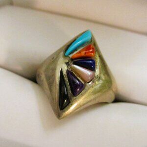 CHAS RAY Navajo 925 Gemstone Ring ~ VINTAGE Sterling Silver Sunburst Size 7 Ring
